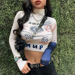 (30 Pieces) Women Edgy Turtle Neck Contrast Color Letter Printed Crop Top