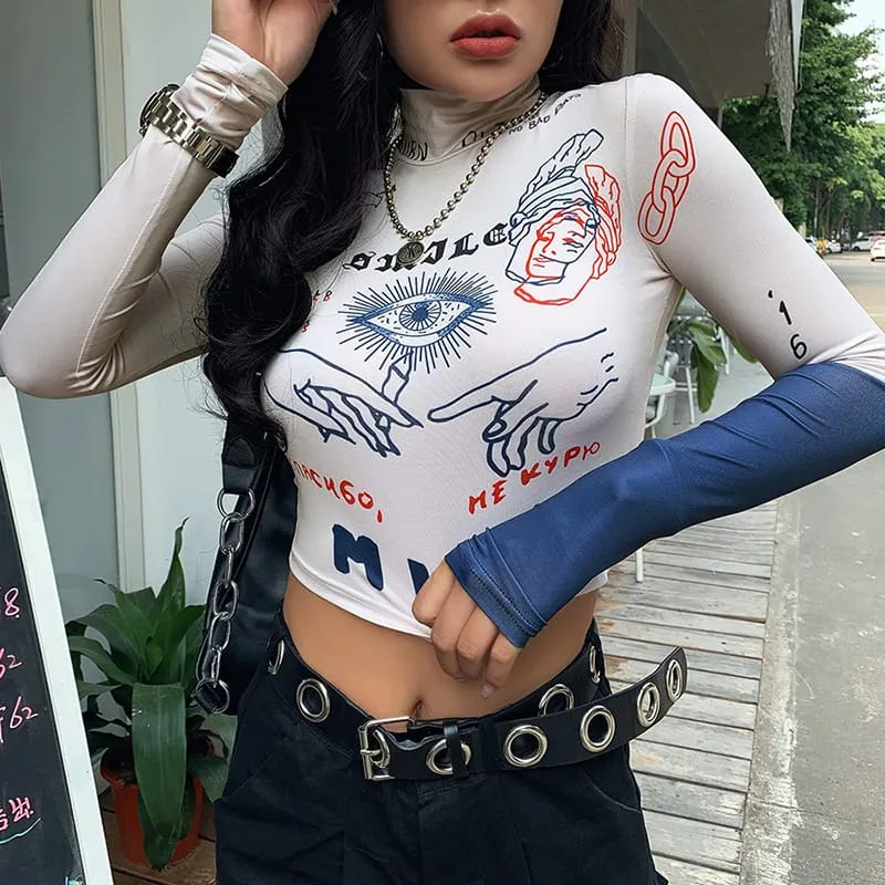 (30 Pieces) Women Edgy Turtle Neck Contrast Color Letter Printed Crop Top