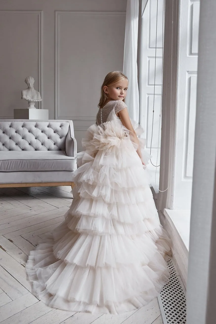 AB053 Cream Ruffled Flower Girl Dress