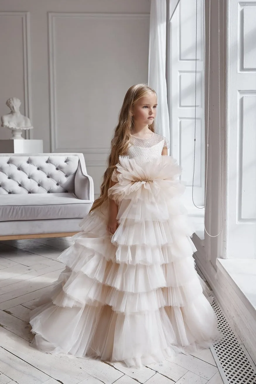 AB053 Cream Ruffled Flower Girl Dress