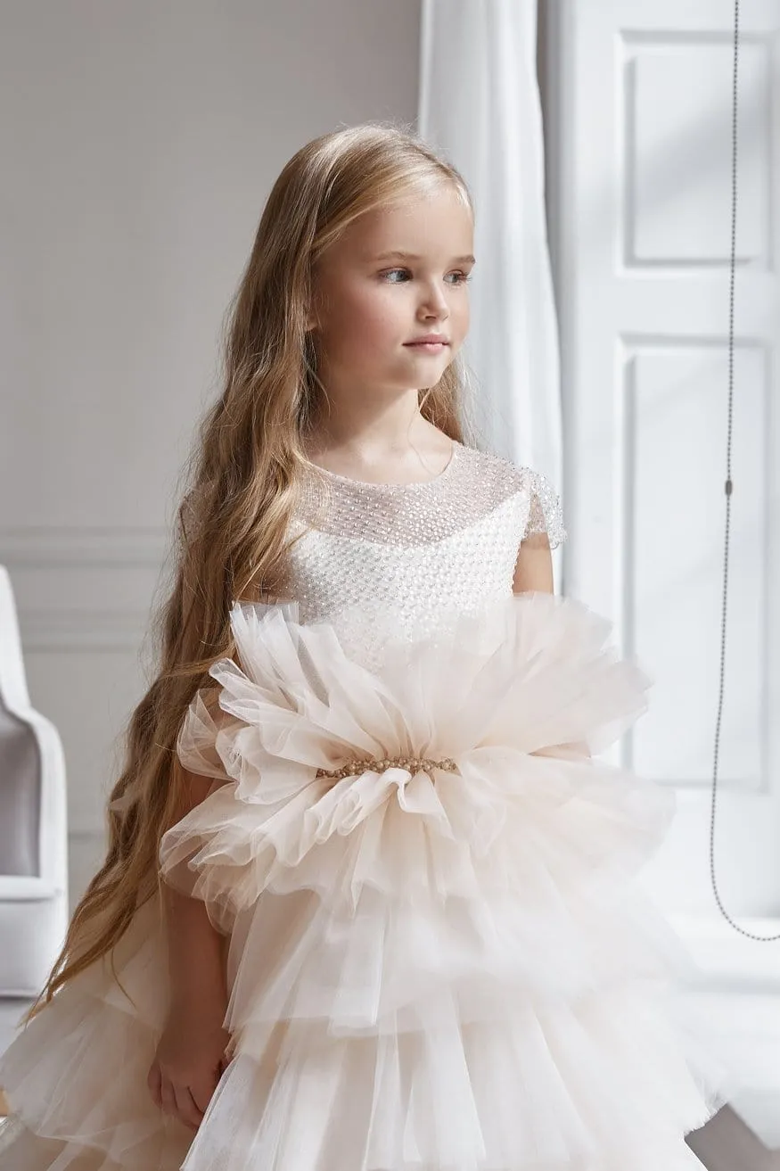 AB053 Cream Ruffled Flower Girl Dress