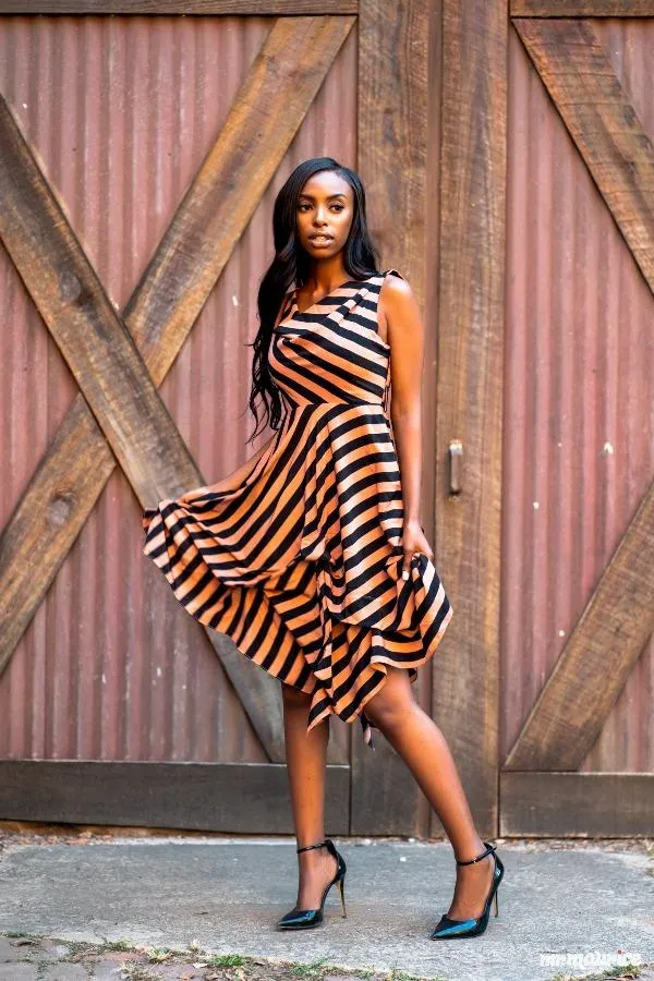 ACCORDION STRIPED COCKTAIL DRESS