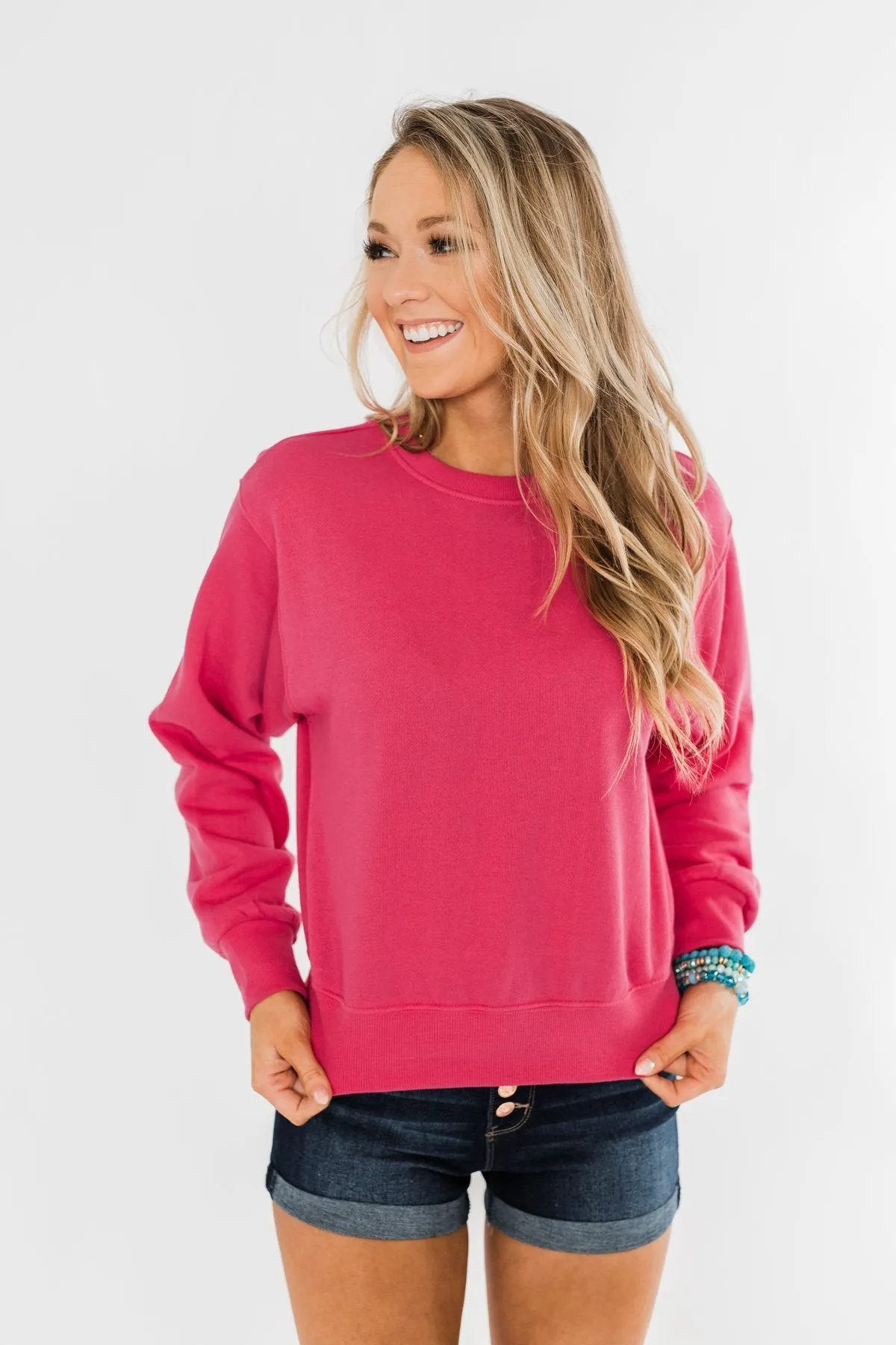 Always Wanting More Crew Neck Pullover- Fuchsia