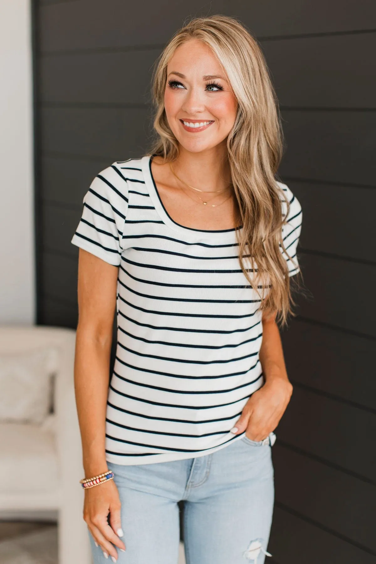 At The Top Striped Top- Ivory & Navy