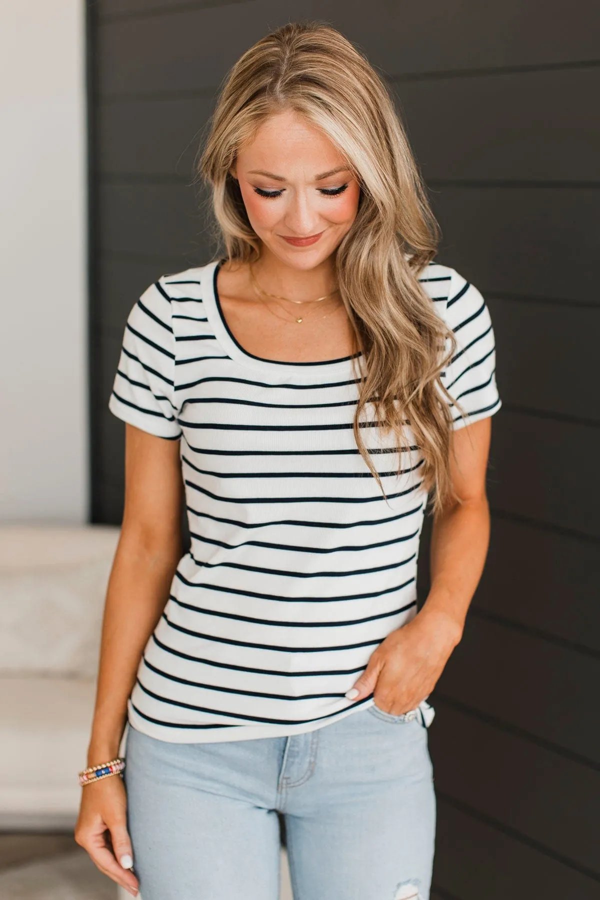 At The Top Striped Top- Ivory & Navy