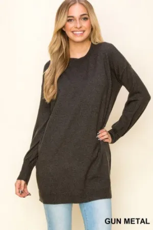 Balloon Sleeve Crew Neck Tunic Sweater
