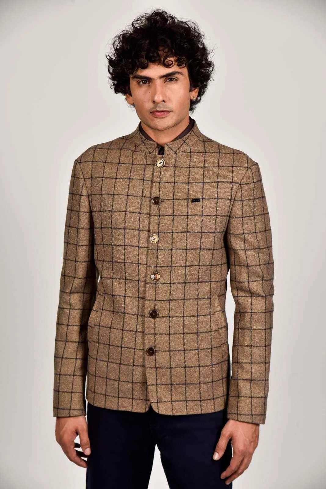 Beige Tweed Bandhgala Blazer