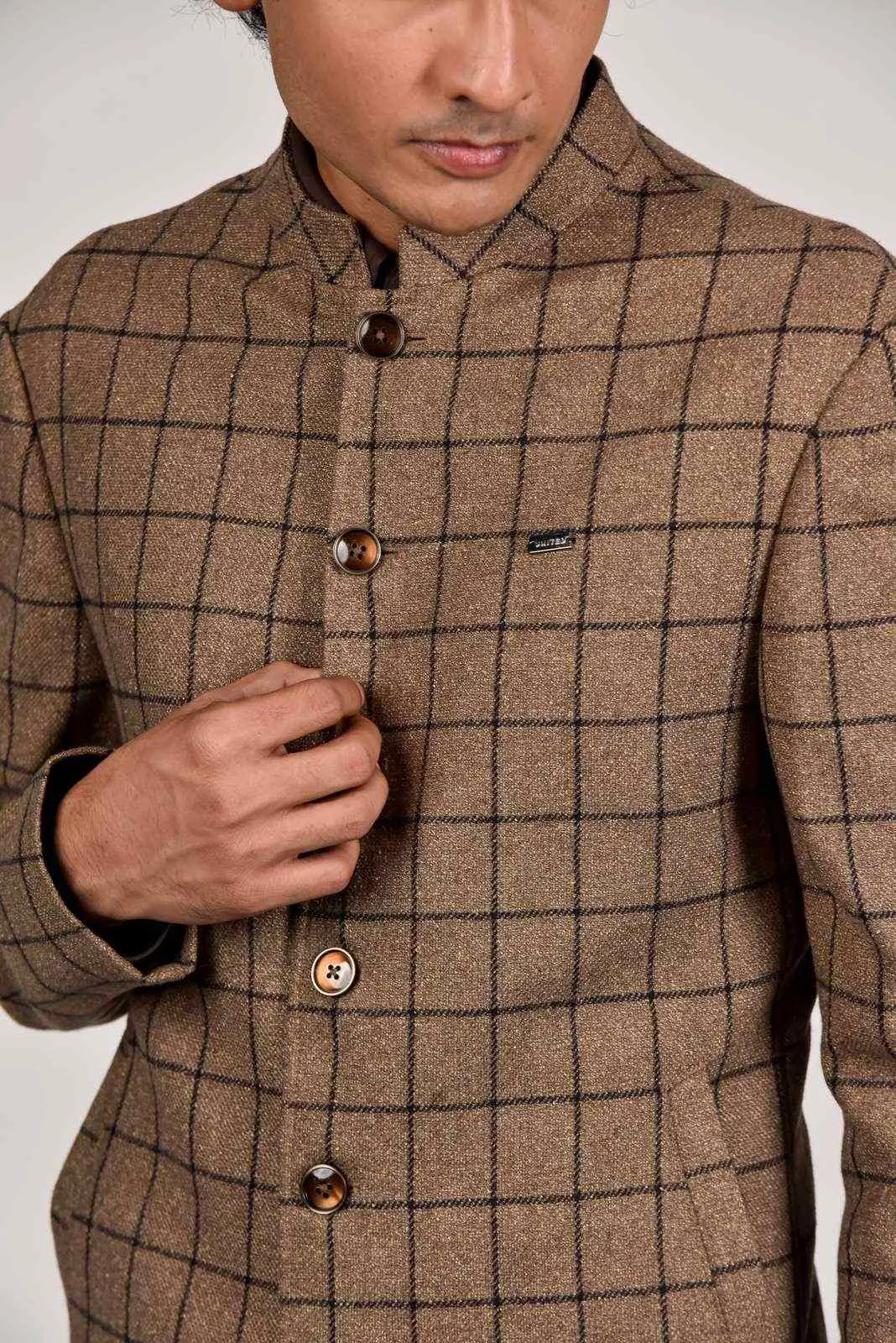 Beige Tweed Bandhgala Blazer