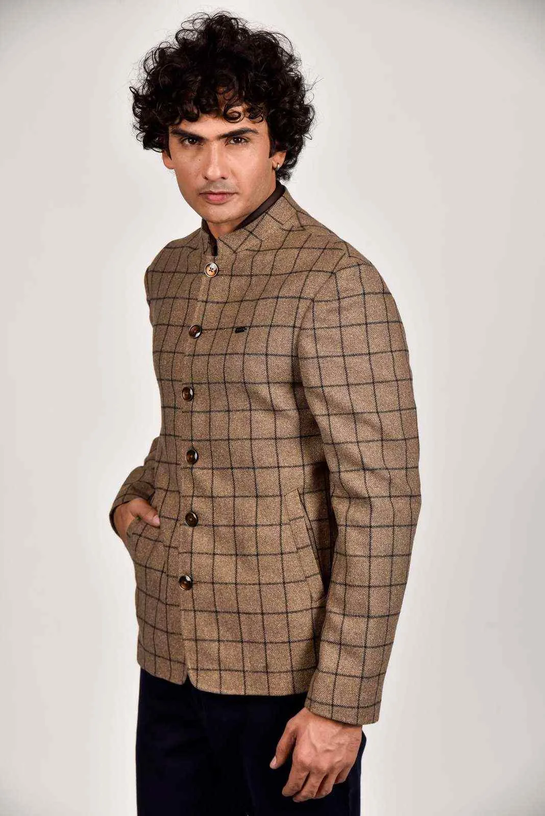 Beige Tweed Bandhgala Blazer