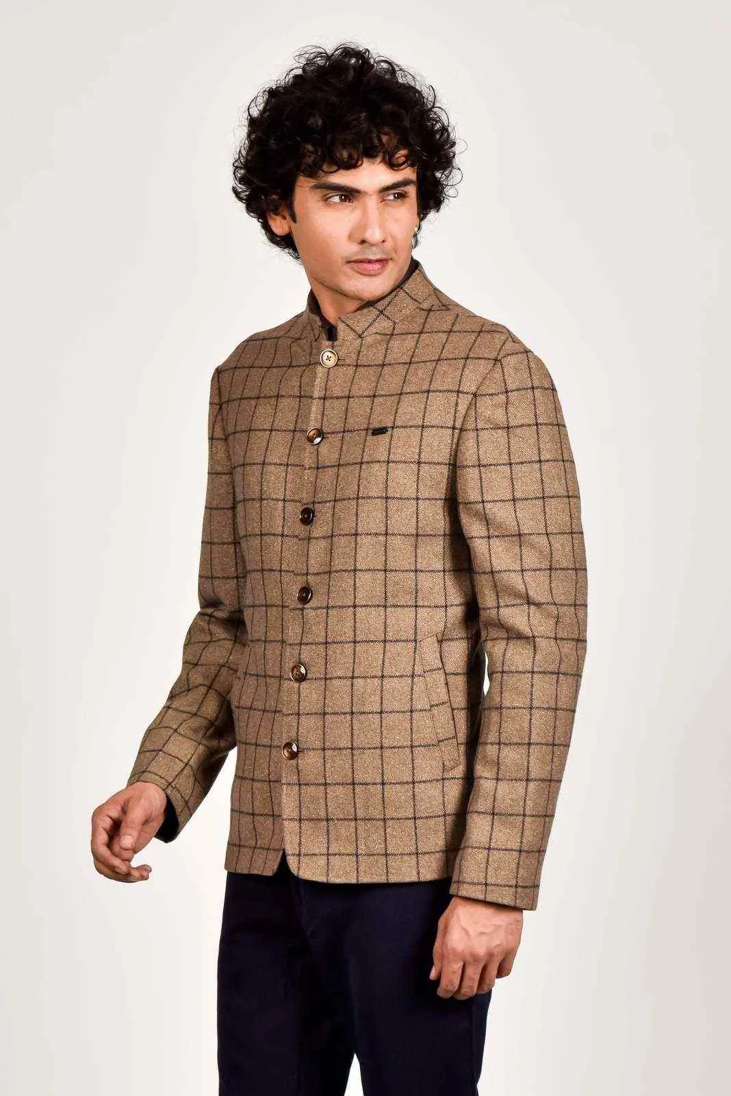 Beige Tweed Bandhgala Blazer