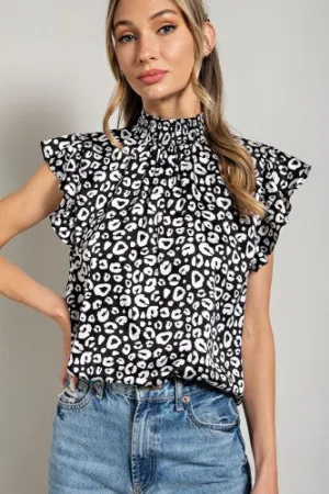 Black & White Leo Print Mock Neck Blouse