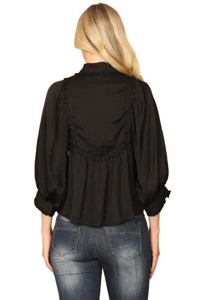 Black Bib Neck Floral Patch Puff Sleeve Solid Top - Pack of 6