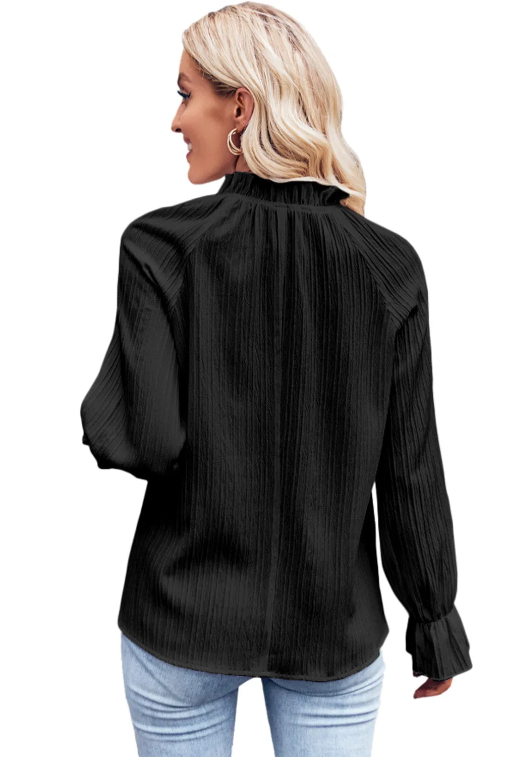 Black Frilled Mock Neck Ripple Long Sleeve Blouse