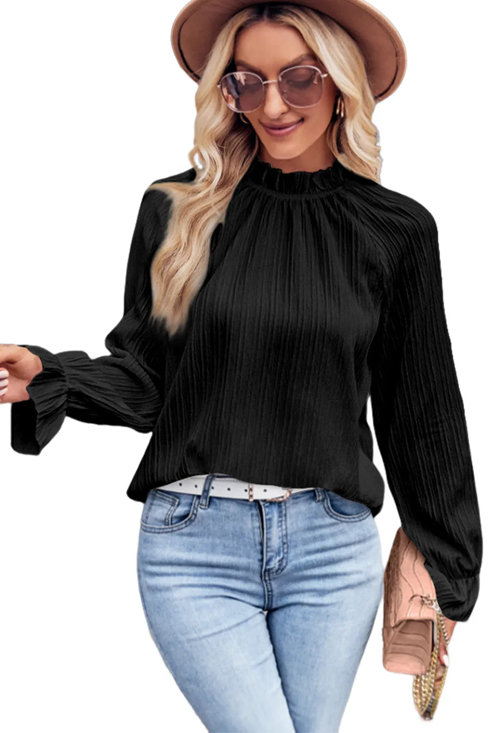 Black Frilled Mock Neck Ripple Long Sleeve Blouse