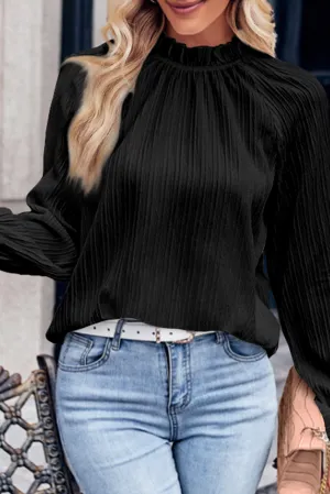 Black Frilled Mock Neck Ripple Long Sleeve Blouse