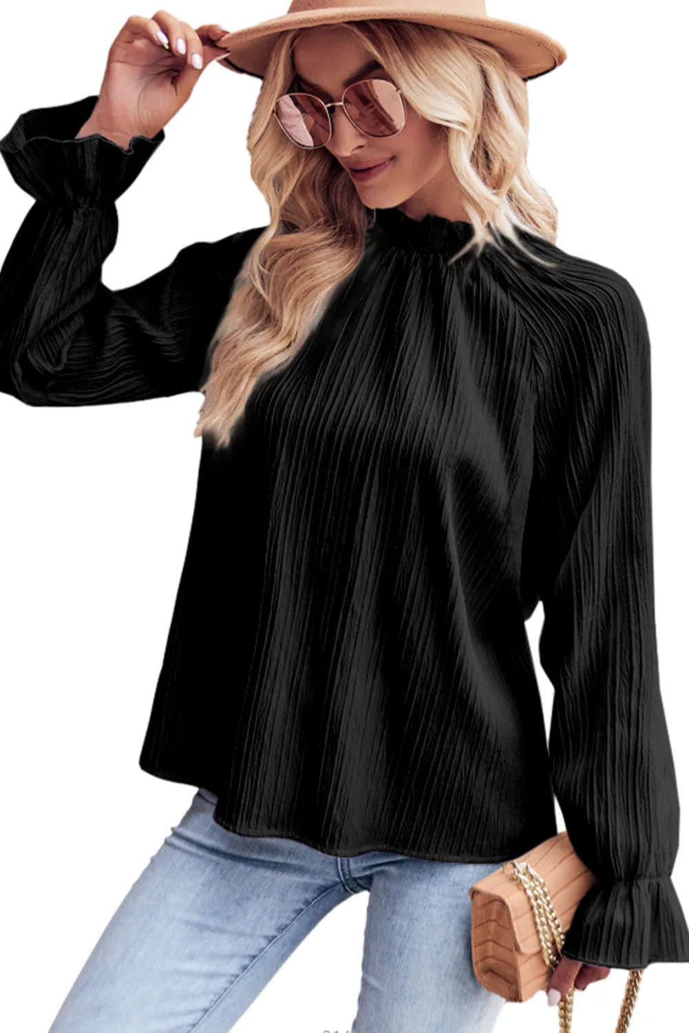 Black Frilled Mock Neck Ripple Long Sleeve Blouse