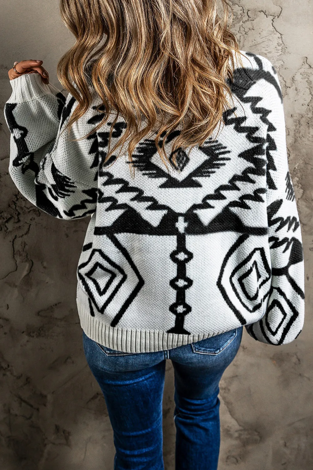 Black Geometric Pattern Ribbed Trim Button-Up Cardigan
