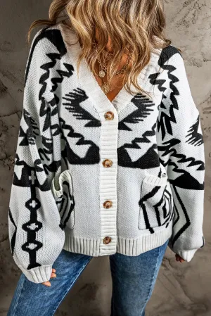 Black Geometric Pattern Ribbed Trim Button-Up Cardigan
