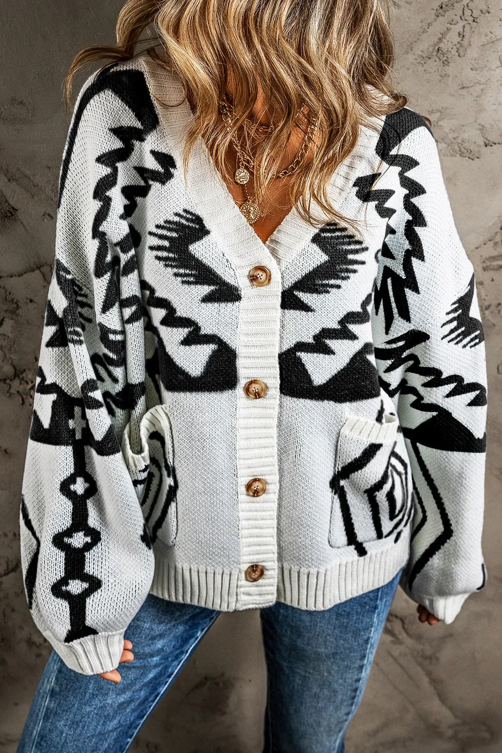 Black Geometric Pattern Ribbed Trim Button-Up Cardigan
