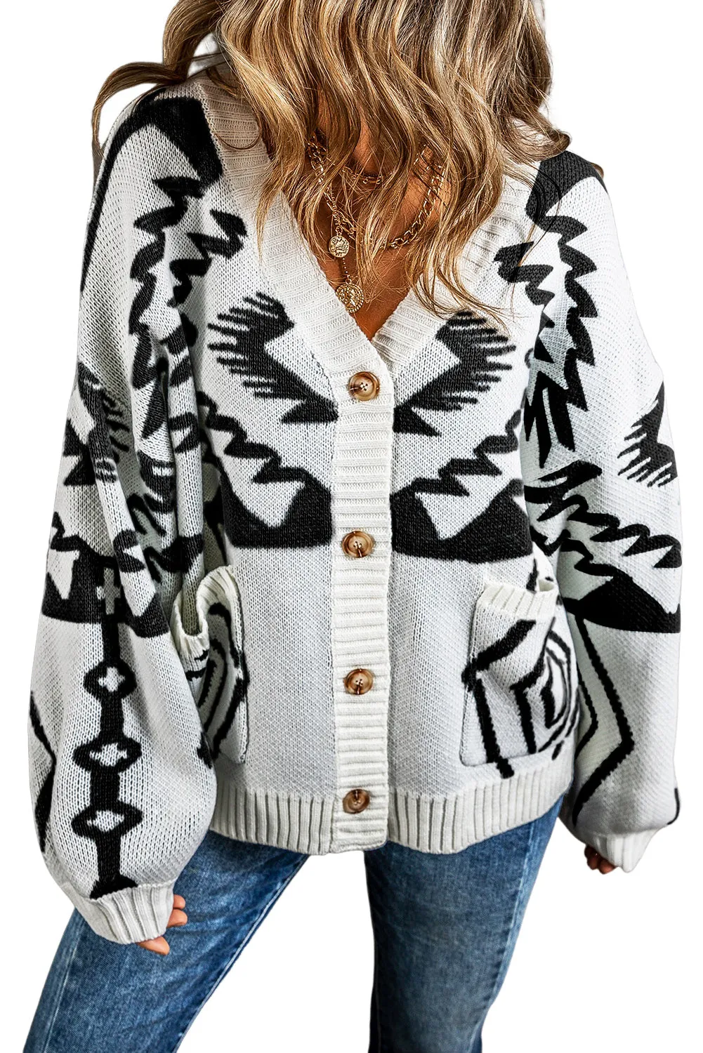 Black Geometric Pattern Ribbed Trim Button-Up Cardigan