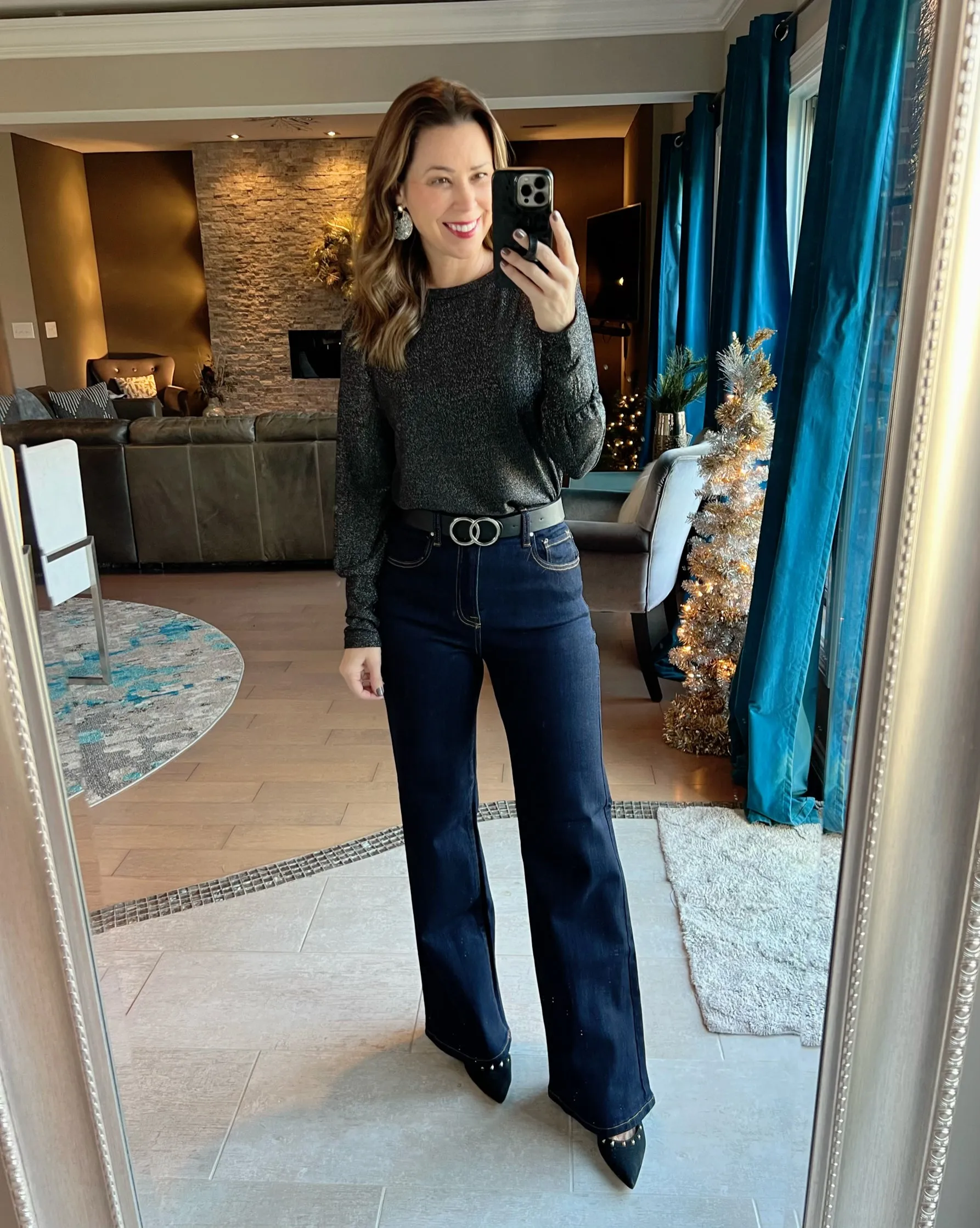 Black Glitter Round Neck Long Sleeve Top