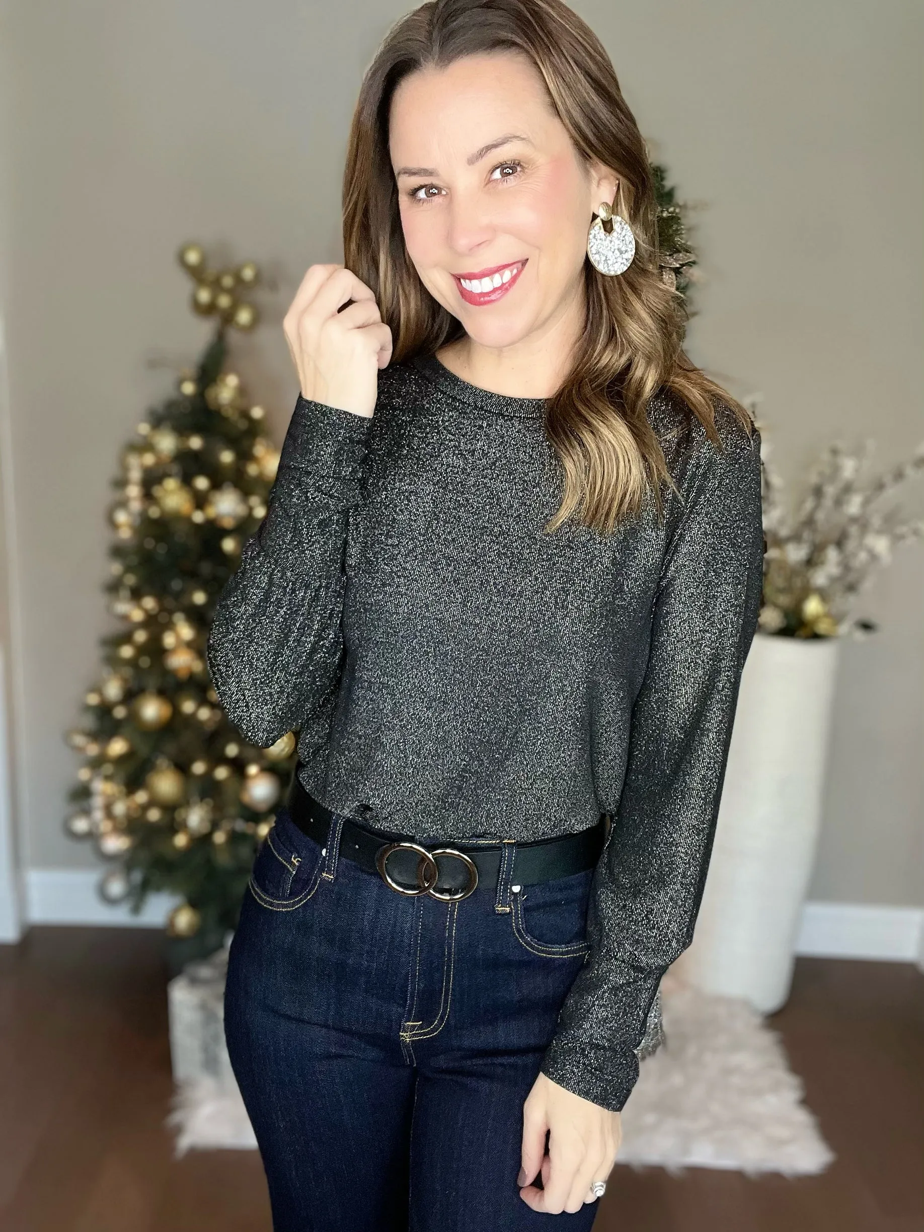 Black Glitter Round Neck Long Sleeve Top