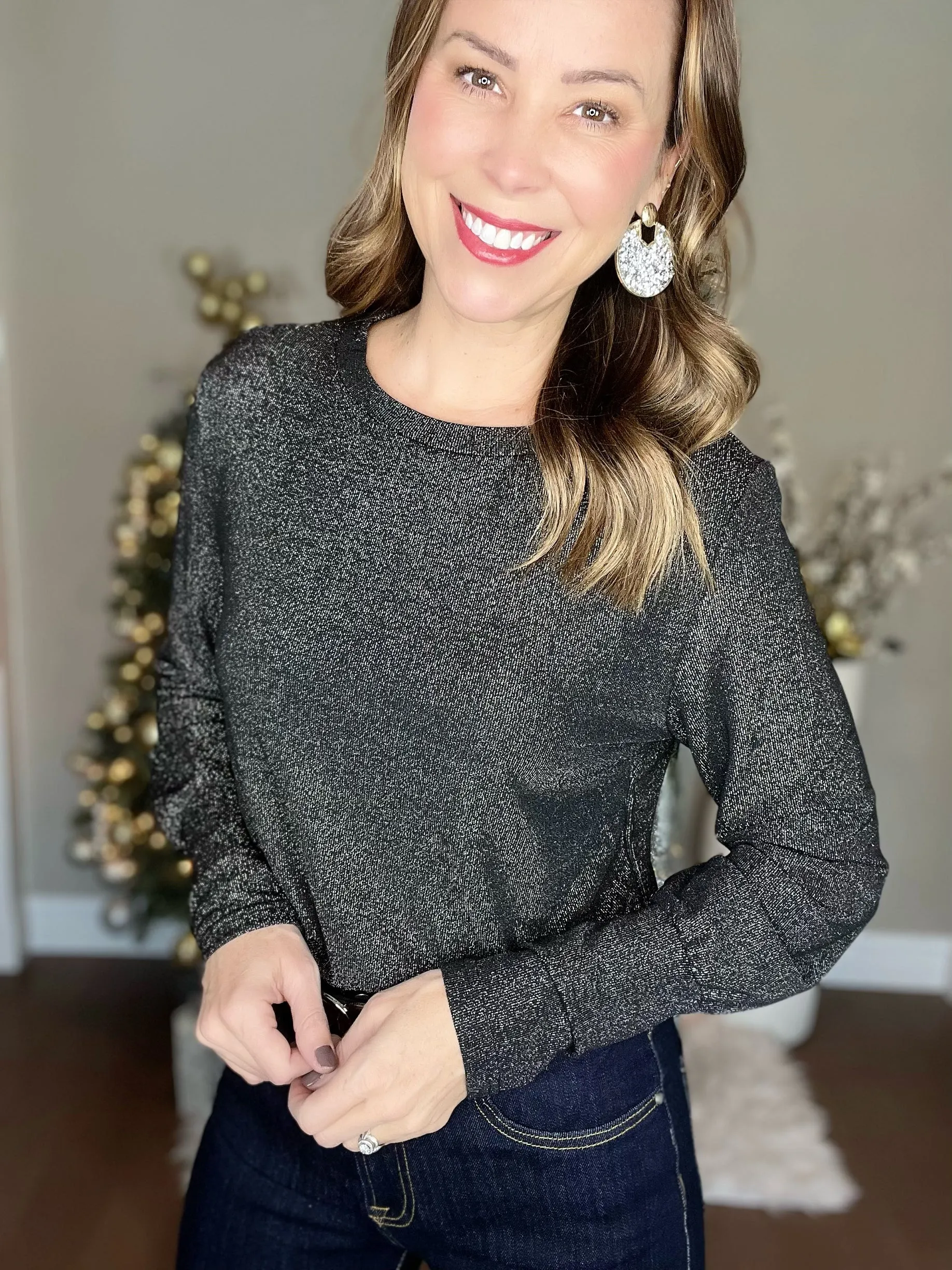 Black Glitter Round Neck Long Sleeve Top