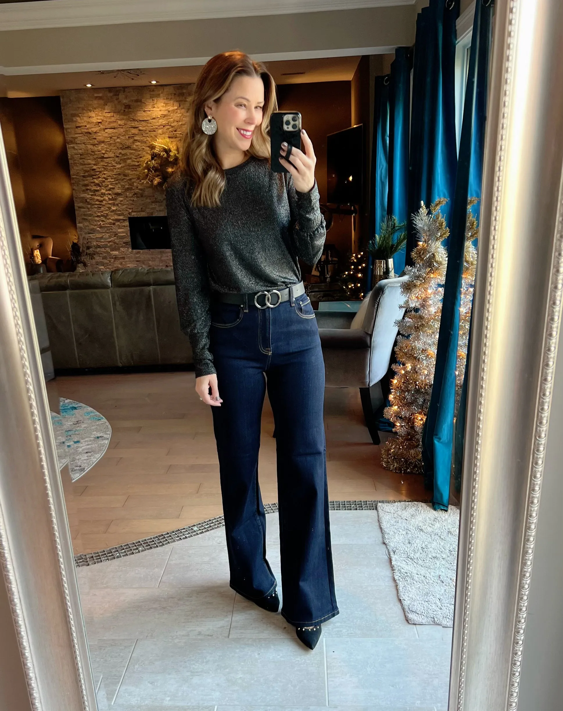 Black Glitter Round Neck Long Sleeve Top