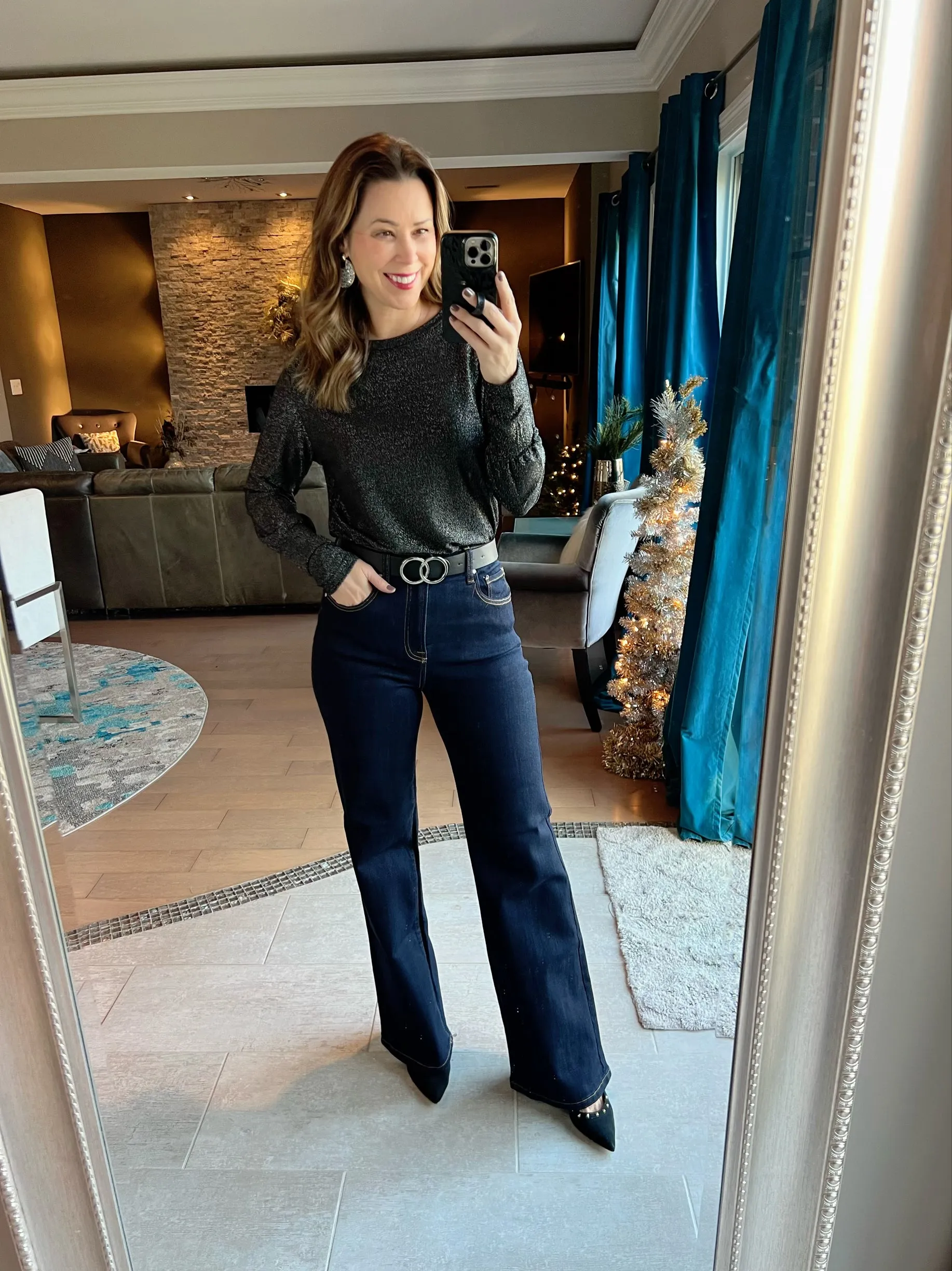 Black Glitter Round Neck Long Sleeve Top