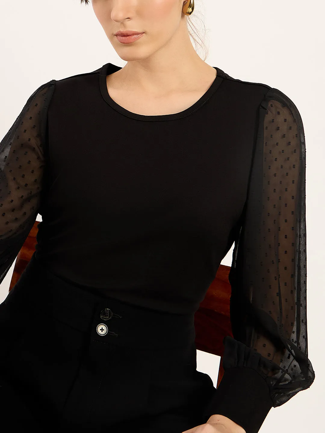 Black Round Neck Dobby Sleeves Top