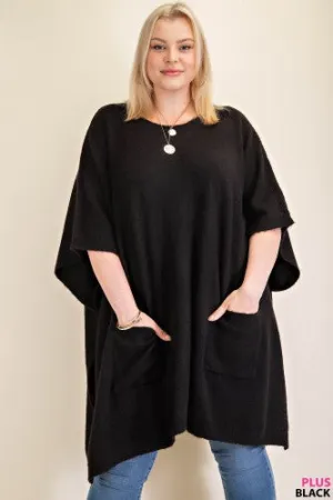 Black Round Neck Poncho Sweater with Pockets