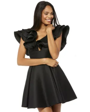 Black Satin Homecoming Dresses V-Neck Ruffles Sleeves 2018 Sexy Short Cocktail Dresses Mini Gowns