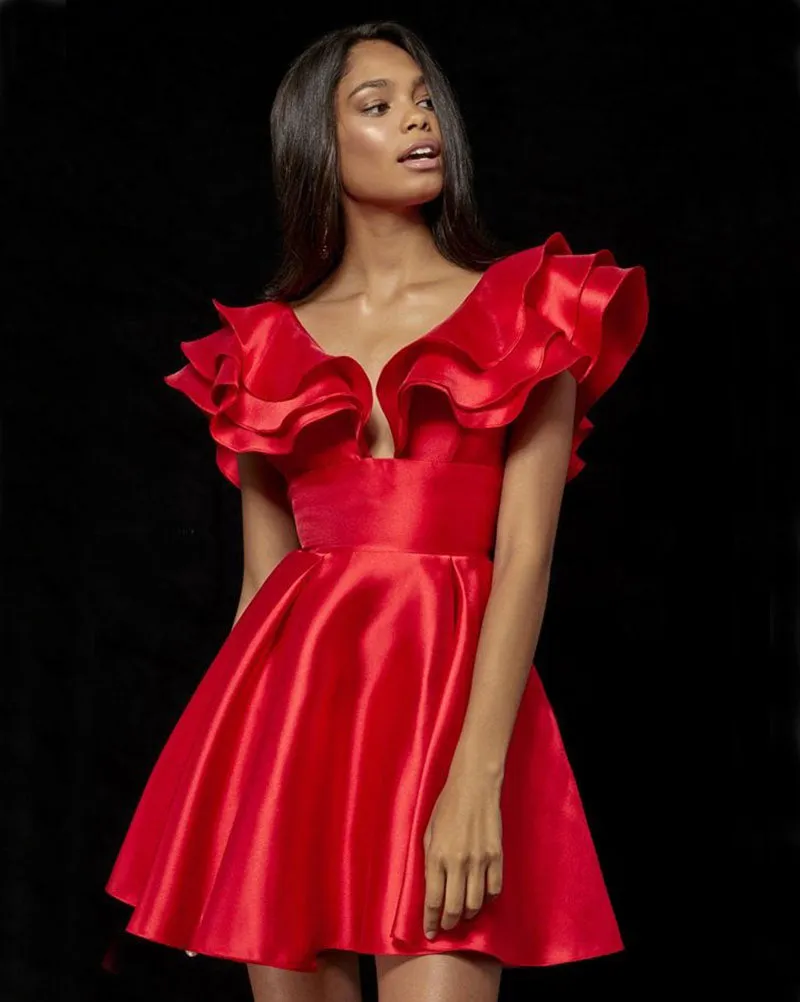 Black Satin Homecoming Dresses V-Neck Ruffles Sleeves 2018 Sexy Short Cocktail Dresses Mini Gowns
