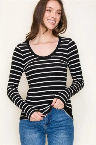 Black Scoop Neck Stripe L/S Top