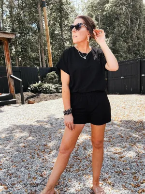 Black Texture Drop Shoulder Round Neck Top