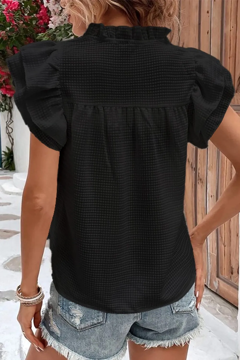 Black White Ruffle Accent Flutter Sleeve Notch Neck Top