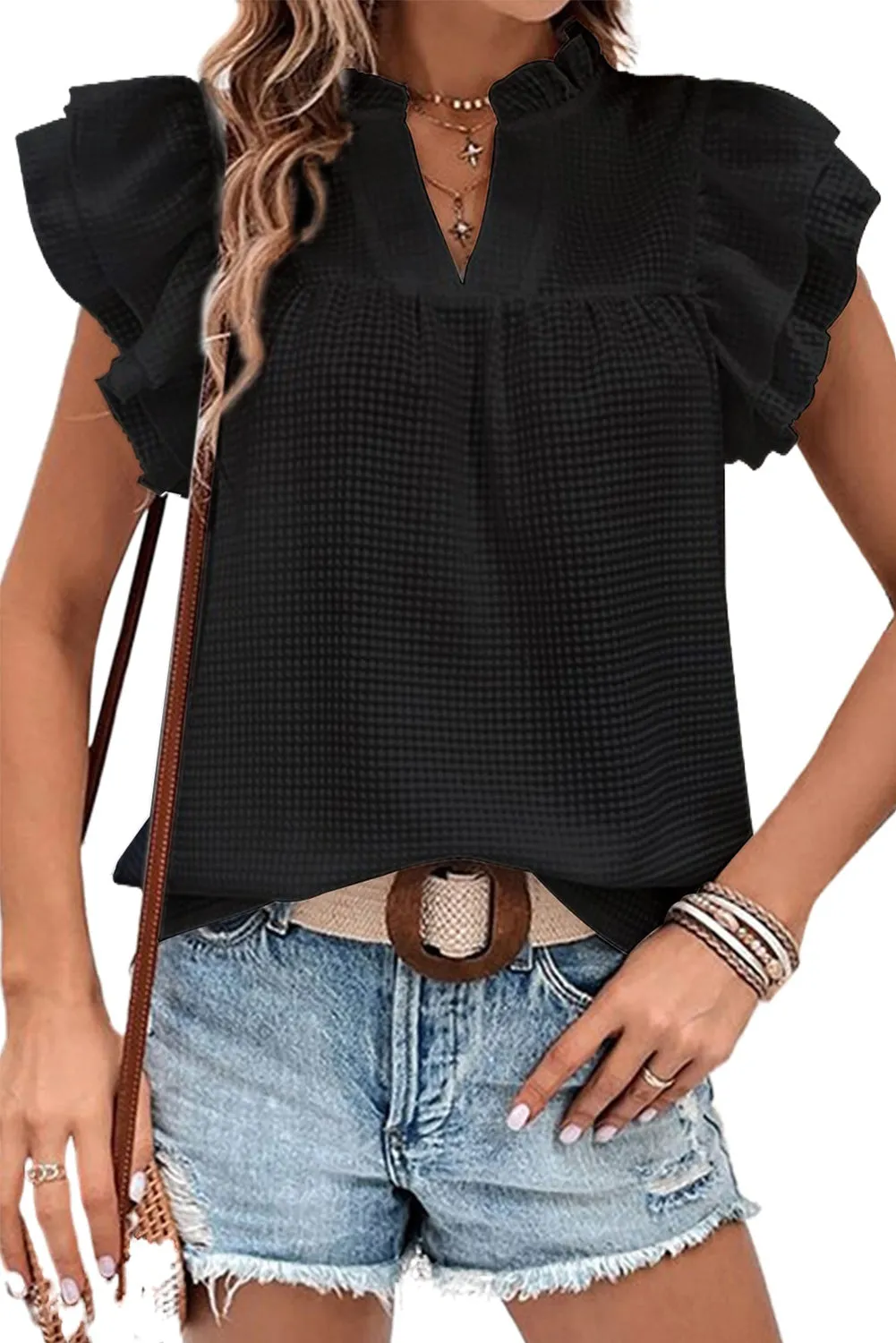 Black White Ruffle Accent Flutter Sleeve Notch Neck Top