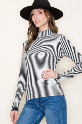 Black White Stripe Turtle Neck with Button Sleeve