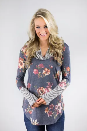 Blue Floral Cowl Neck Top