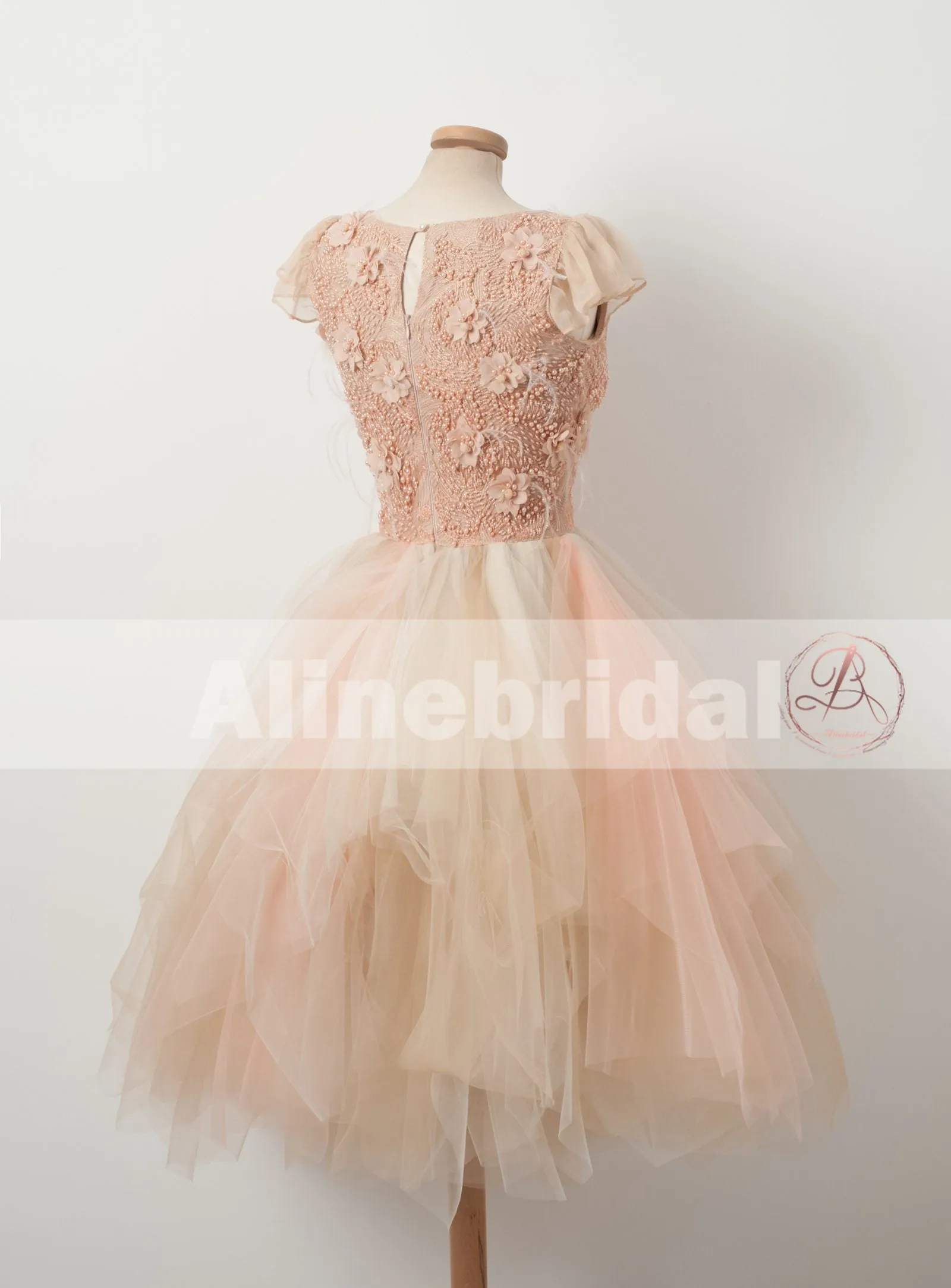 Blush Pink Beaded Handmade Flowers Cap Sleeve Unique Ruffles Homecoming Dresses,BD00227