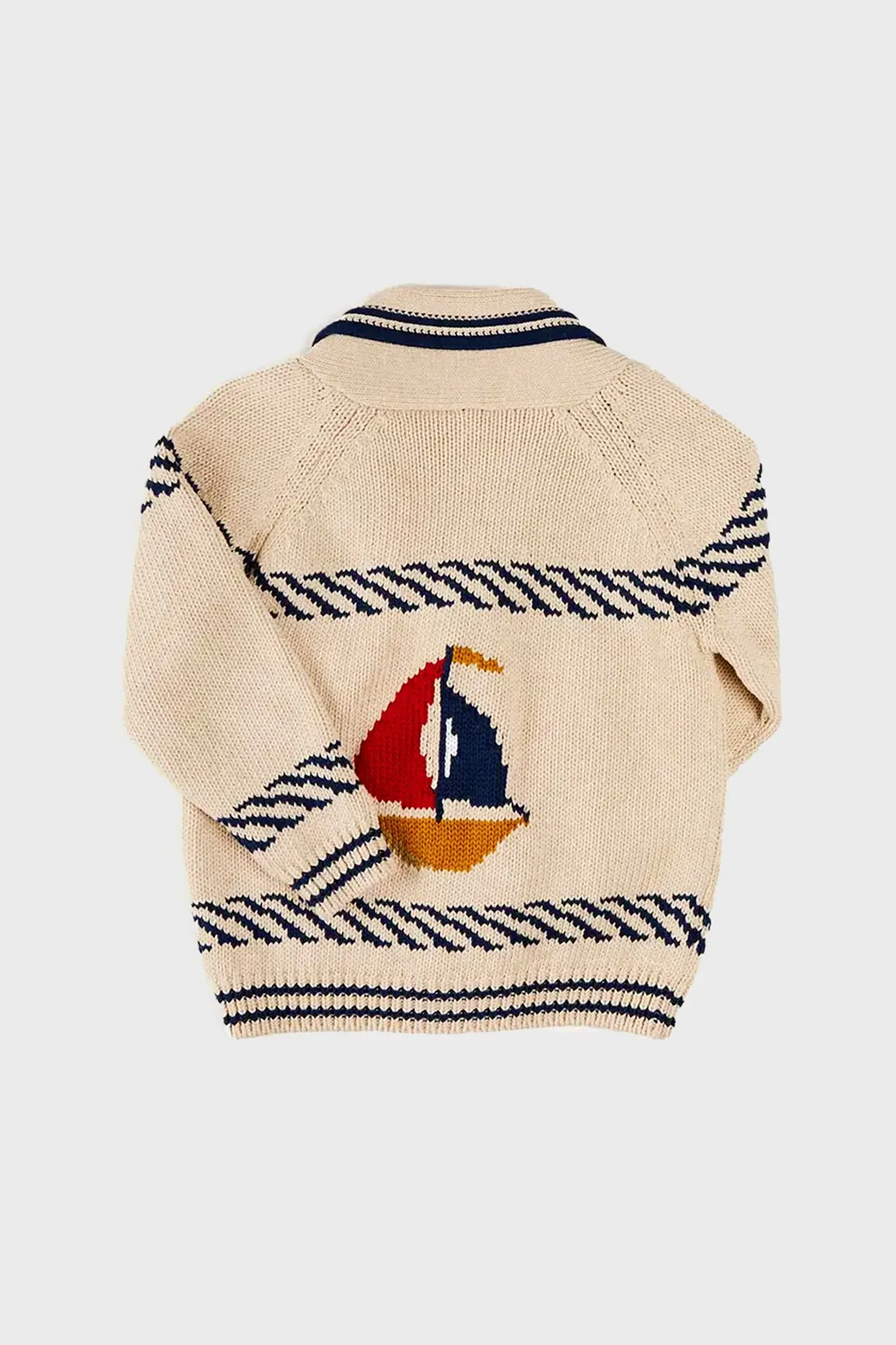 Boat Motif Shawl Neck Nautical Cardigan in Beige