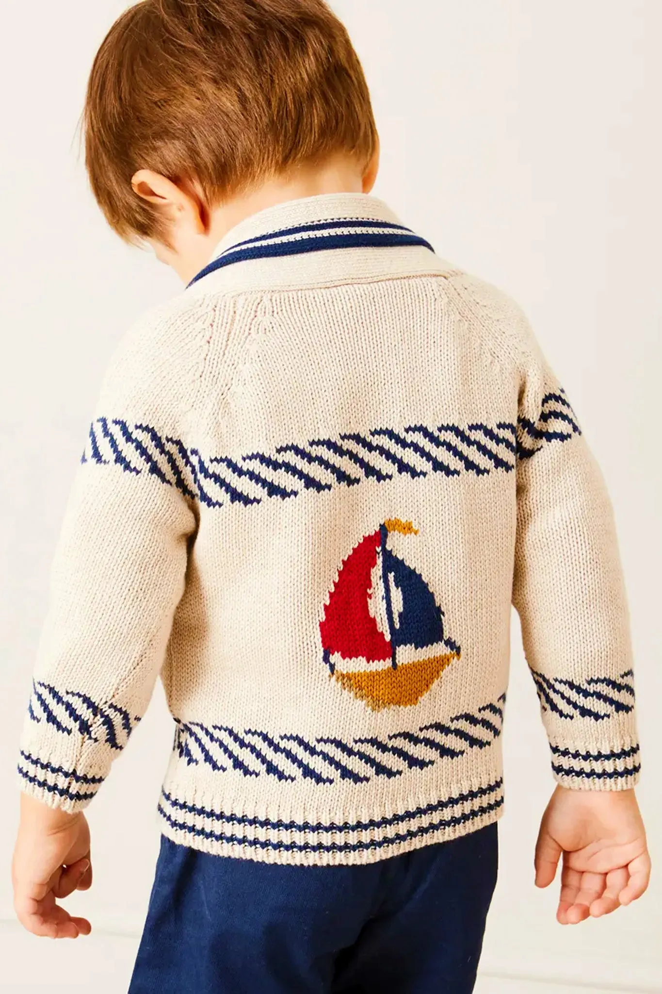 Boat Motif Shawl Neck Nautical Cardigan in Beige