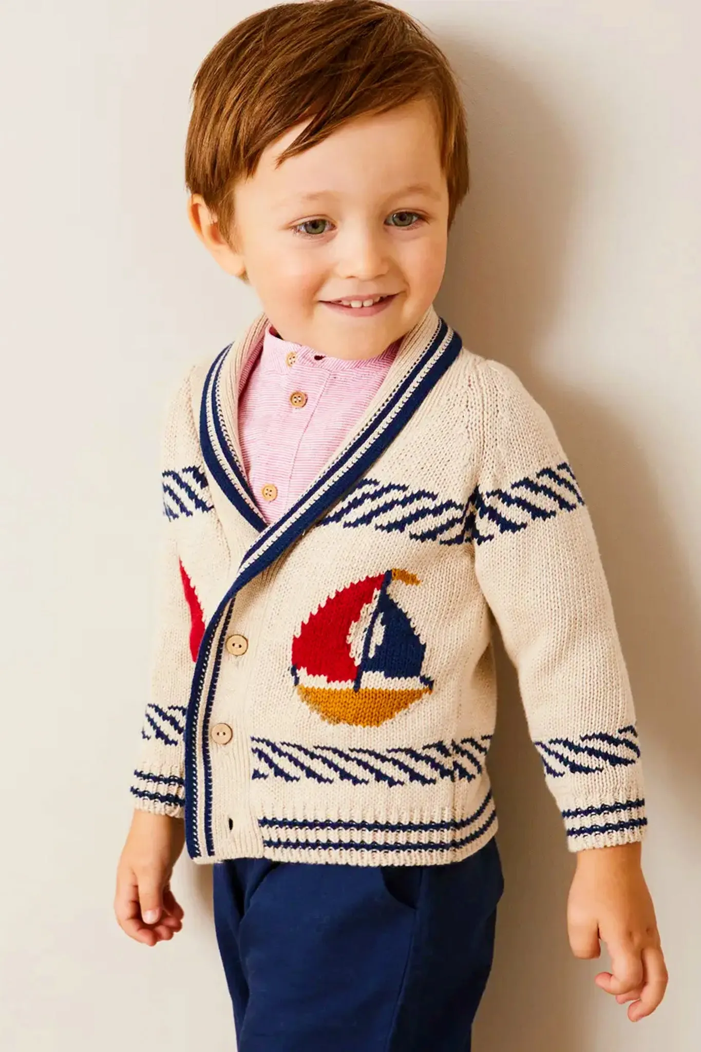 Boat Motif Shawl Neck Nautical Cardigan in Beige