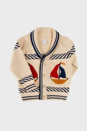 Boat Motif Shawl Neck Nautical Cardigan in Beige