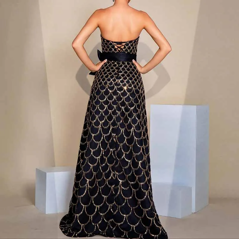 Bow Detail Bustier Long Prom Dress Black Sequin Long Evening Dress