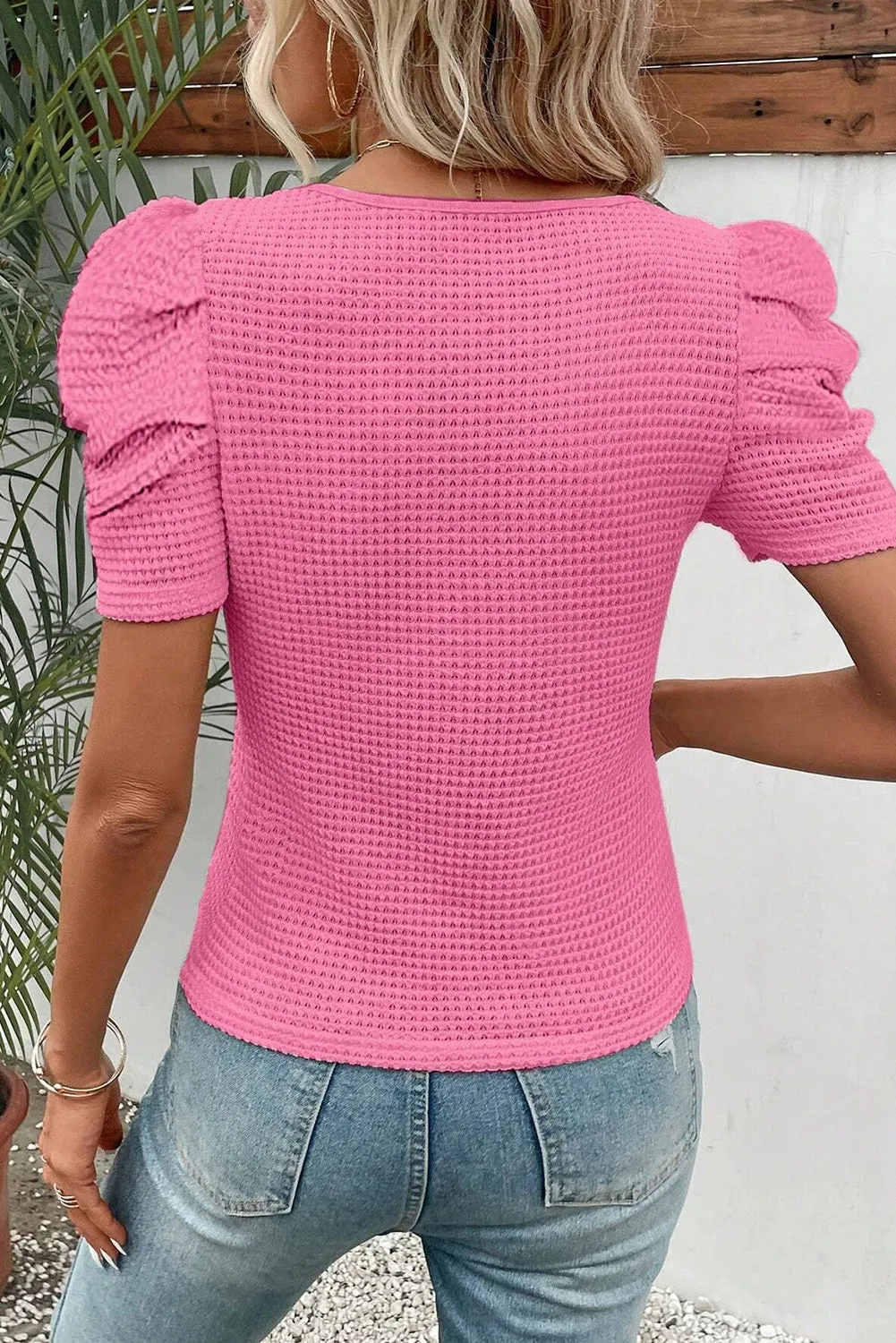 Bright Pink Scoop Neck Waffle Knit Puff Sleeve Top