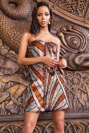 Bronze Strapless Sequin Bow Mini Dress