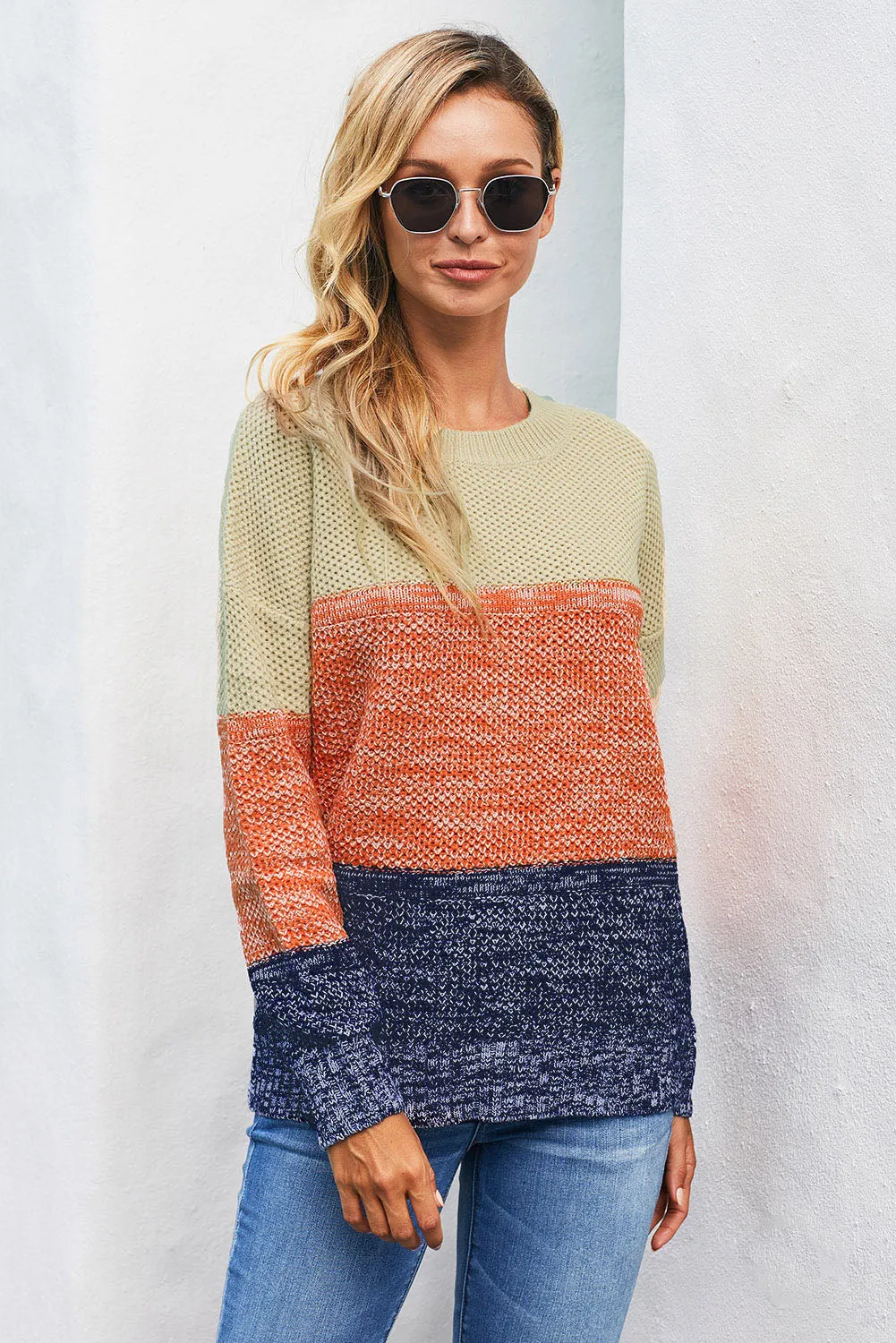 Brown Color Block Netted Texture Pullover Sweater