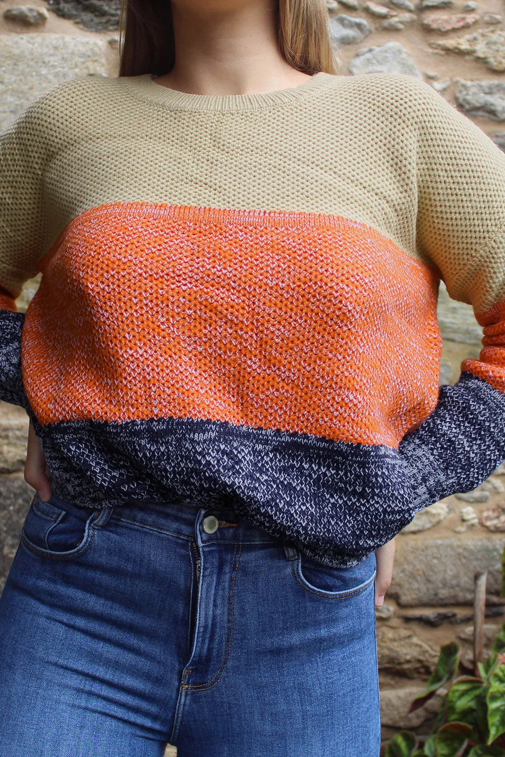 Brown Color Block Netted Texture Pullover Sweater