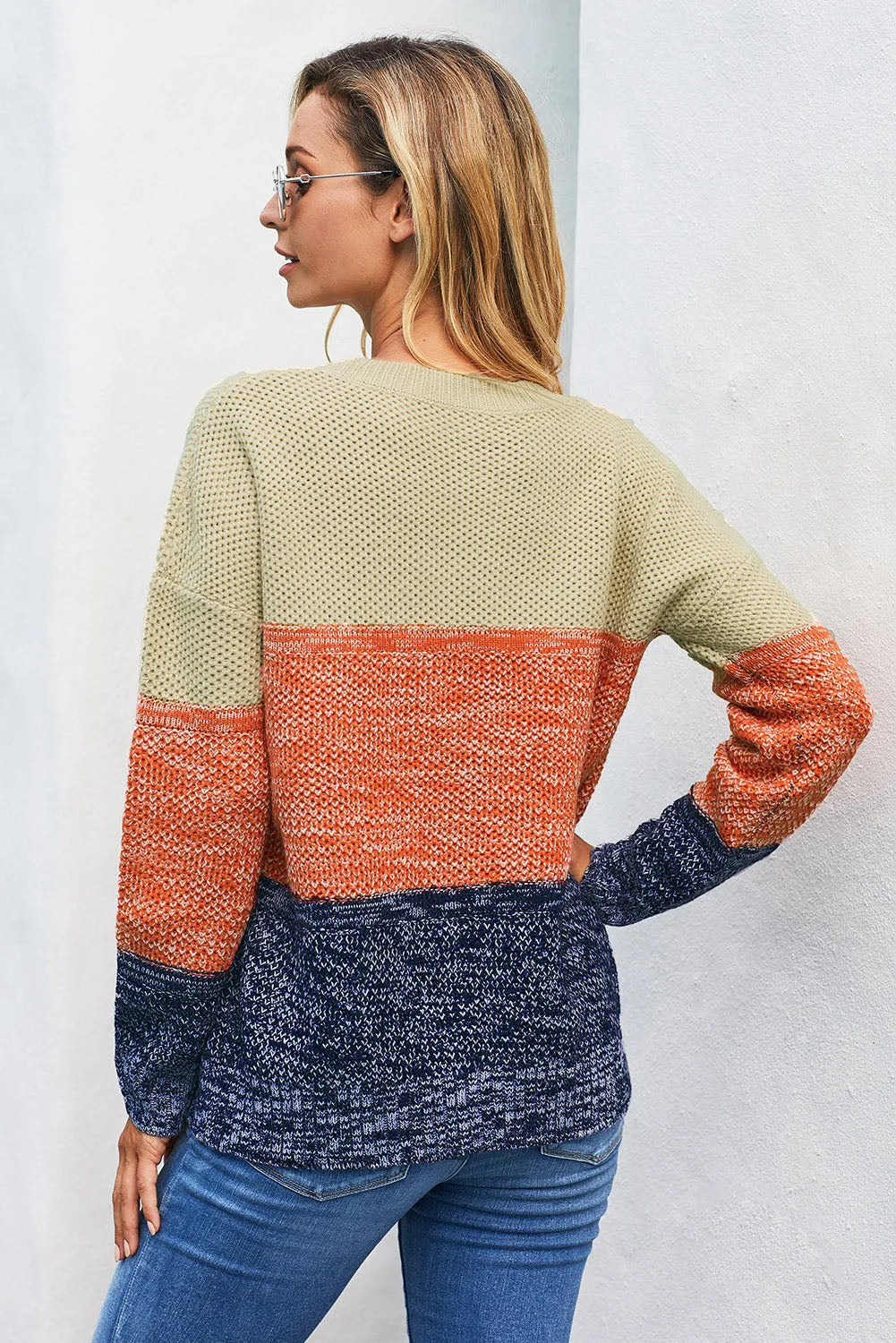 Brown Color Block Netted Texture Pullover Sweater